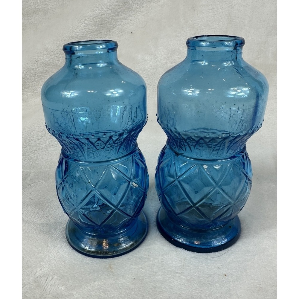 Set Of 2 Wheaton Clear Blue Mini Bud Vases Diamond Pattern 4.5"